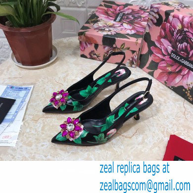Dolce  &  Gabbana Heel 6.5cm Leather Print Slingbacks with Crystal Flower 01 2021